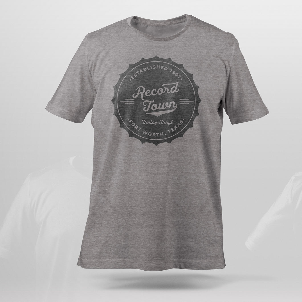 Record Town Black Bottlecap Logo T-Shirt Front View. Large bottlecap logo on a heather gray t-shirt.