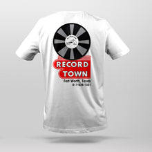 Laden Sie das Bild in den Galerie-Viewer, Back view of Record Town white t-shirt featuring a large graphic of the iconic Record Town sign.
