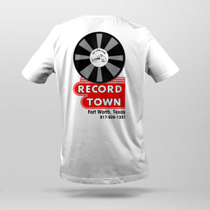 Back view of Record Town white t-shirt featuring a large graphic of the iconic Record Town sign.