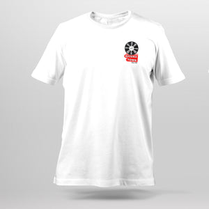 Front view of Record Town white t-shirt featuring the iconic sign as a chest logo.