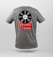 Charger l&#39;image dans la galerie, Record Town t-shirt in heather gray featuring full size iconic sign on back.
