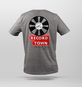 Record Town t-shirt in heather gray featuring full size iconic sign on back.
