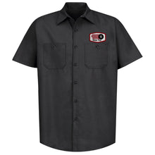 Load image into Gallery viewer, Short Sleeved Black Record Town Work Shirt Front View with Patch
