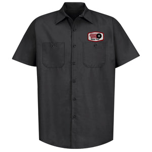 Short Sleeved Black Record Town Work Shirt Front View with Patch