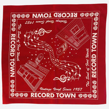 Laden Sie das Bild in den Galerie-Viewer, Red cotton bandana with with design featuring the original Record Town Store front located on University Drive from 1957 to 2018 and the current Record Town store front located on St. Louis Avenue.

