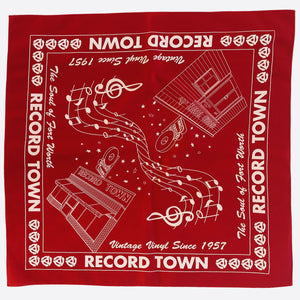Red cotton bandana with with design featuring the original Record Town Store front located on University Drive from 1957 to 2018 and the current Record Town store front located on St. Louis Avenue.