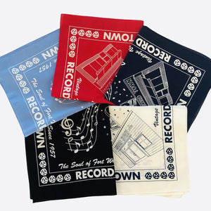 All five colors of Record Town bandanas shown - red with with white design, navy with white design, cream with navy design, black with white design, and light blue with white design.