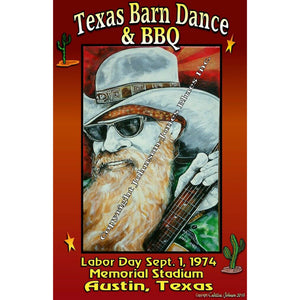12 x 18 poster of Billy Gibbons, celebrating the Texas Barn Dance and BBQ, Labor Day Sept 1. 1974 held at Memorial Stadium in Austin, Texas