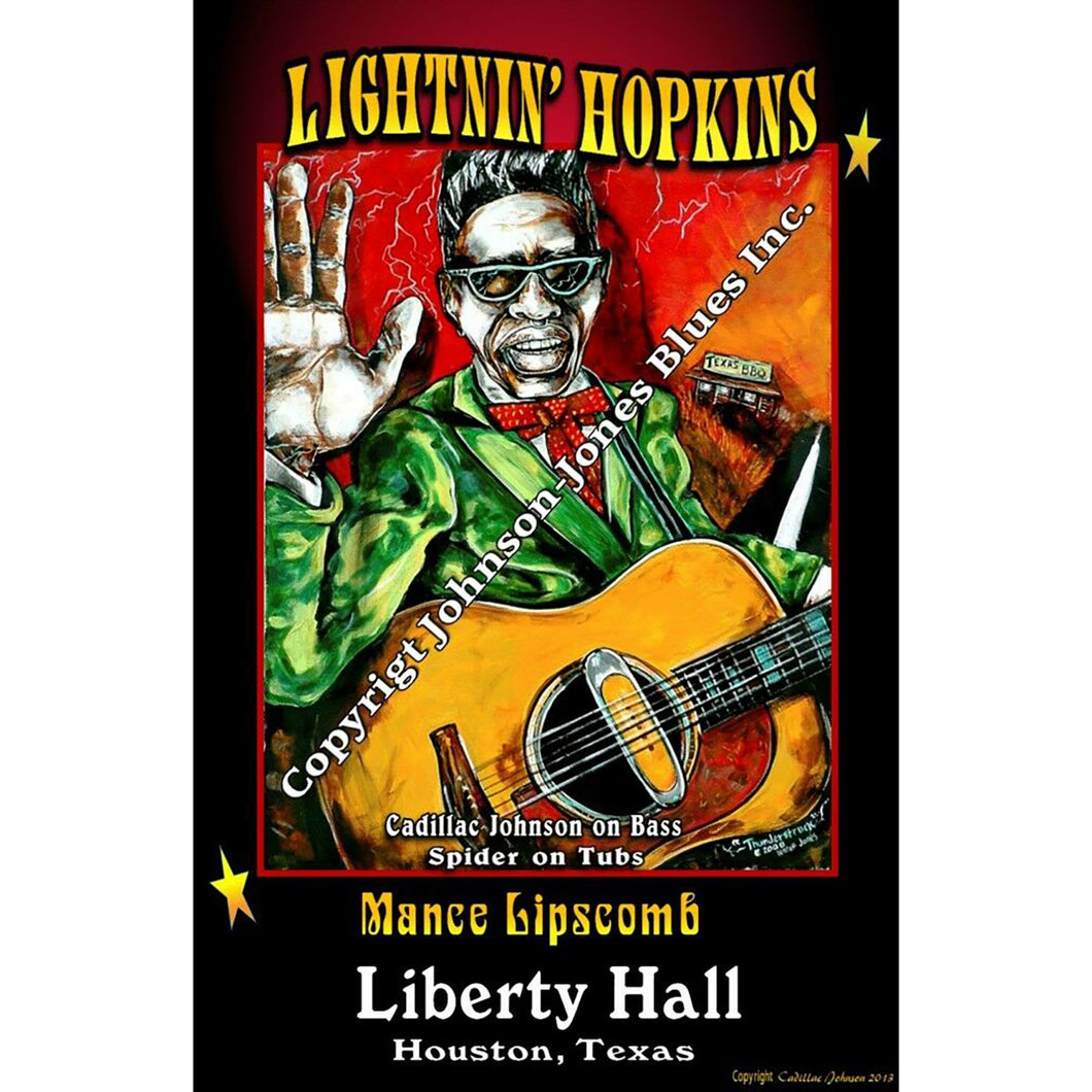 12 x 18 of Lightnn' Hopkins with our own Cadillac on bass and Spider on tubs with Mance Lipscomb performing at Liberty Hall in Houston, Texas.