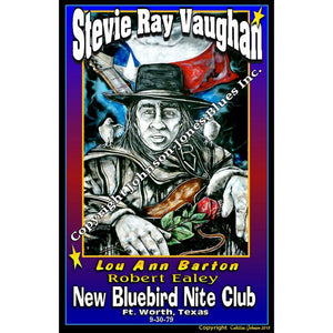 12 x 18 poster of Stevie Ray Vaughn with Lou Ann Barton and Robert Ealey at the New Bluebird Nite Club in Fort Worth, Texas Sept. 30, 1979